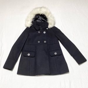Topshop Size 2 Black Hooded Pea Coat with Faux Fur Hood Trim TOP SHOP
